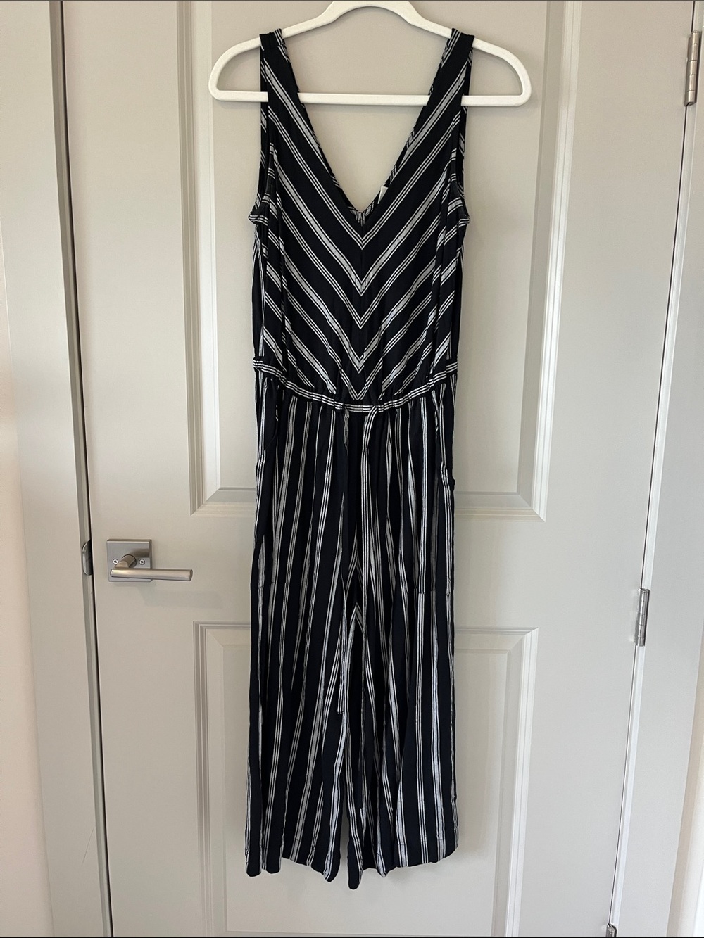 GAP Black and White Striped V-Neck Jumpsuit